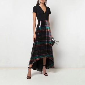 Badgley Mischka Asymmetric High Low Short Sleeve Sequin Stripe Skirt Gown Sz 22